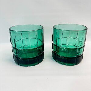 Vtg 2 Anchor Hocking Tartan Emerald Green Old Fashioned/Whiskey Rocks 3.5" Glass